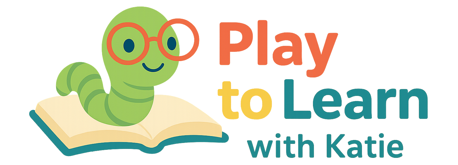 Play to Read With Katie Logo. Green worm with glasses sitting on an open book. Play to Learn With Katie is written in bright colors.